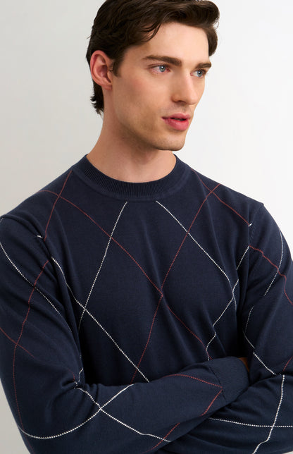 Men's Cotton And Silk Raker Stitch Crew Neck Jumper In Navy & Red