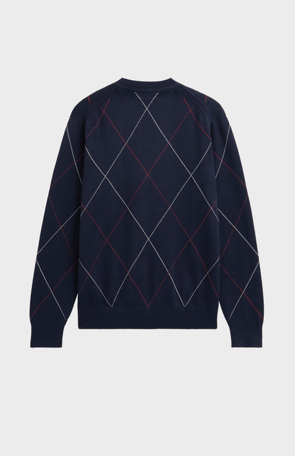 Men's Cotton And Silk Raker Stitch Crew Neck Jumper In Navy & Red