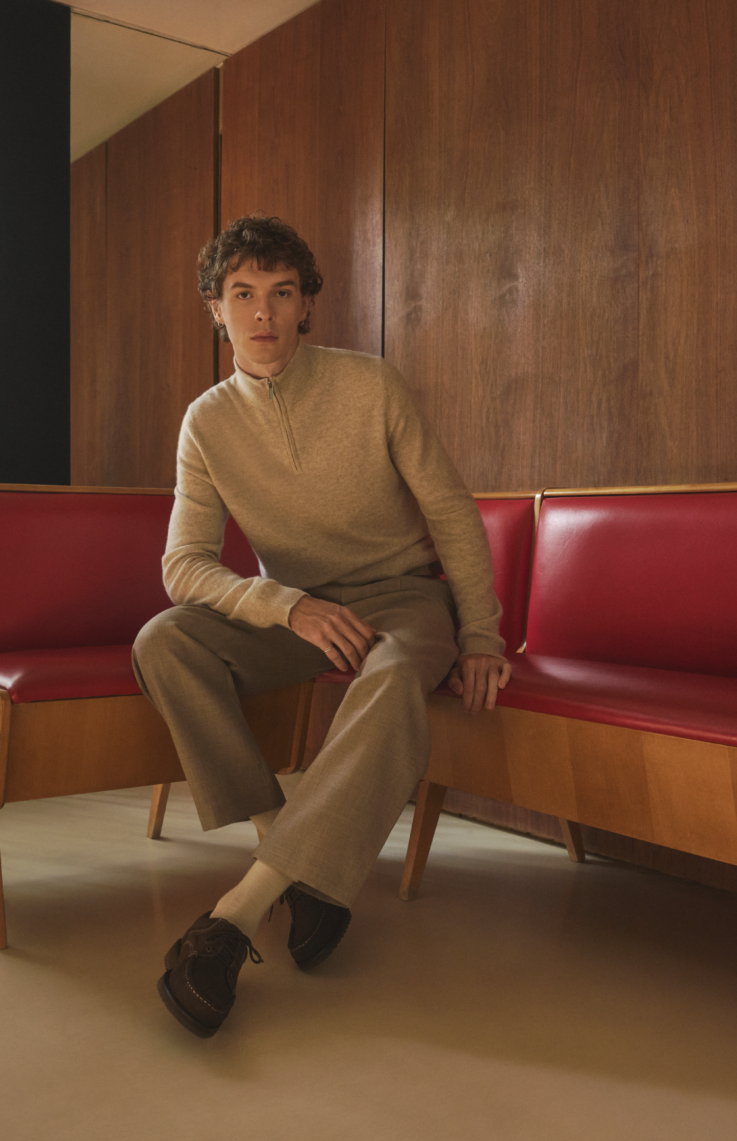 Pringle of Scotland Men's Quarter Zip Cashmere Jumper Classic In Oatmeal on model seated