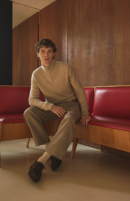 Pringle of Scotland Men's Quarter Zip Cashmere Jumper Classic In Oatmeal on model seated