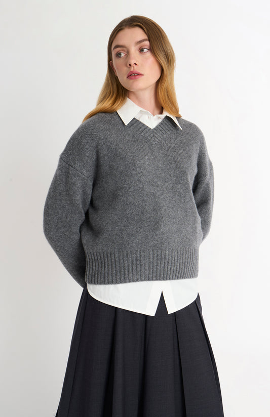 Women's V-neck Chunky Cashmere Jumper In Grey Melange