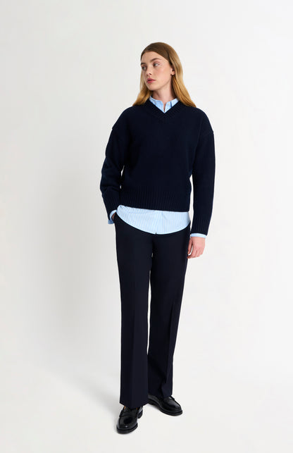 Womens V Neck Chunky Cashmere Jumper In Navy Melange