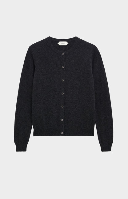 Women's  Classic Crew Neck Cashmere Cardigan In Charcoal Melange