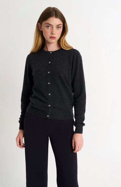 Women's  Classic Crew Neck Cashmere Cardigan In Charcoal Melange