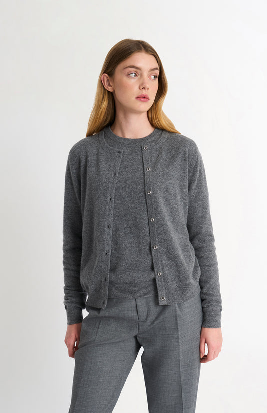 Women's  Classic Crew Neck Cashmere Cardigan In Grey Melange