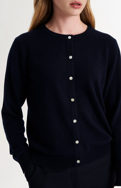 Women's  Classic Crew Neck Cashmere Cardigan In Navy Blue