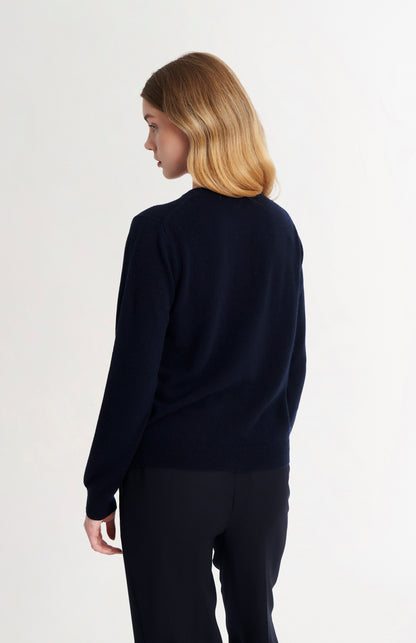 Women's  Classic Crew Neck Cashmere Cardigan In Navy Blue