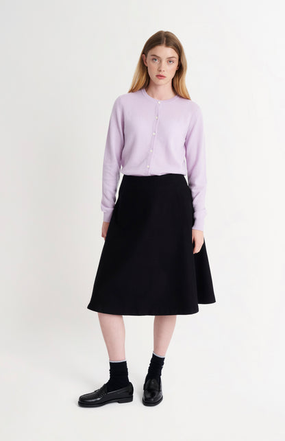 Pringle of Scotland Women's Cashmere Cardigan In Lilac on standing model