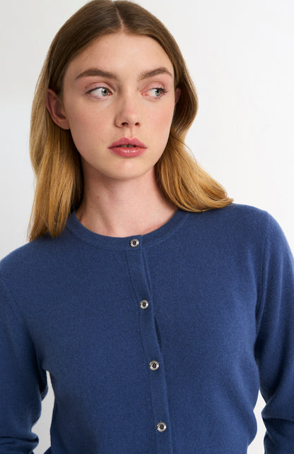 Women's  Classic Crew Neck Cashmere Cardigan In Blue