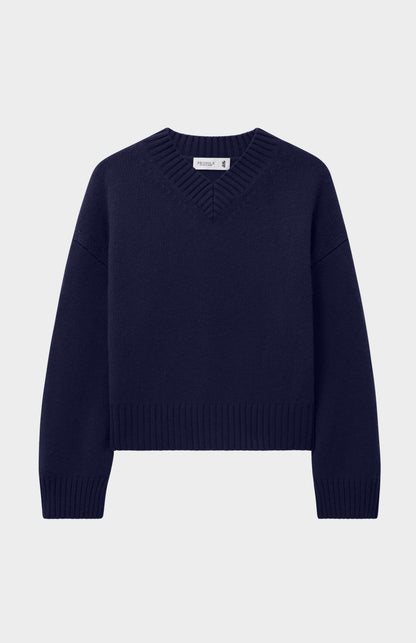 Womens V Neck Chunky Cashmere Jumper In Navy Melange