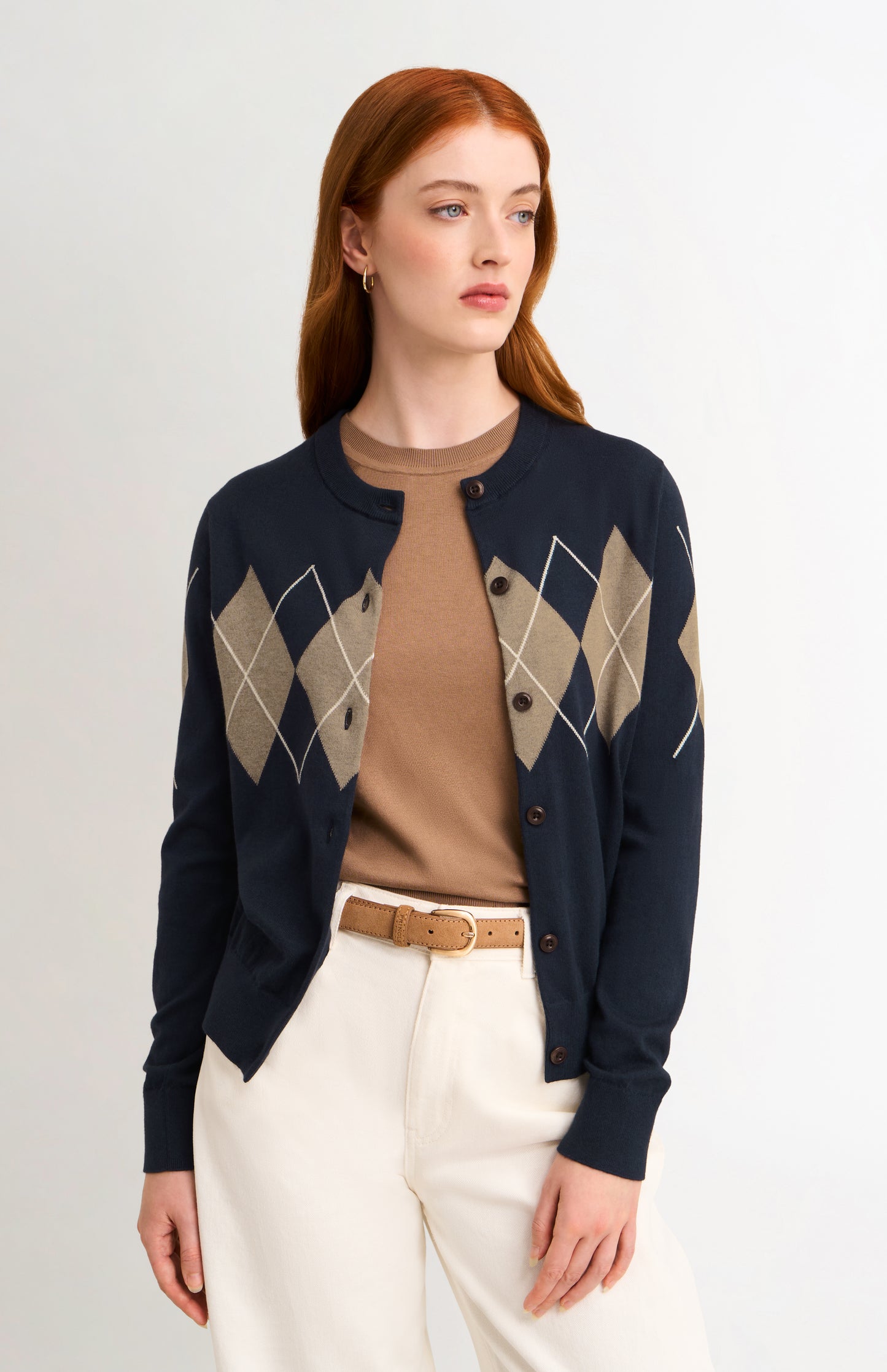 Women's Cashmere And Cotton Crew Neck Argyle Cardigan In Navy, Mushroom & White
