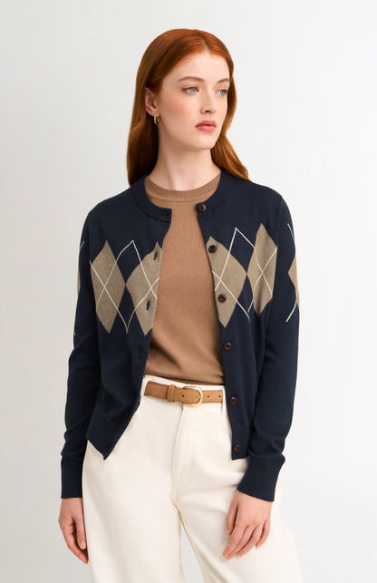 Women's Cashmere And Cotton Crew Neck Argyle Cardigan In Navy, Mushroom & White