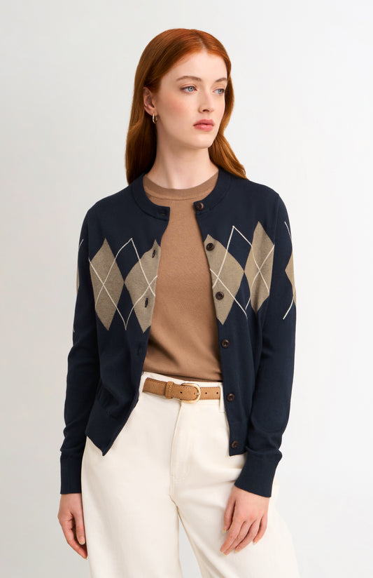 Women's Cashmere And Cotton Crew Neck Argyle Cardigan In Navy, Mushroom & White