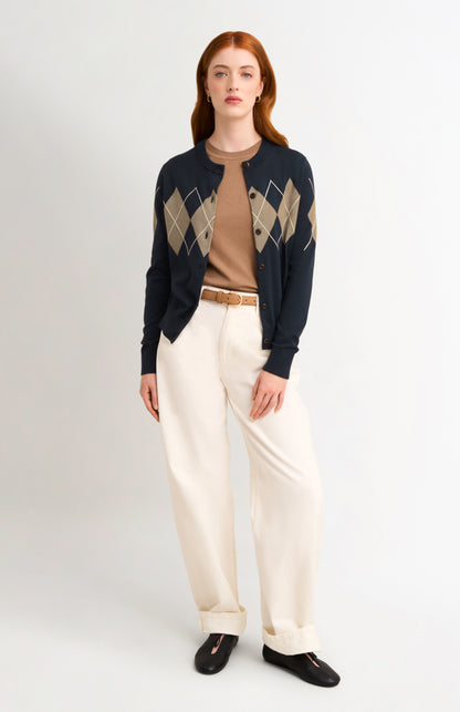 Women's Cashmere And Cotton Crew Neck Argyle Cardigan In Navy, Mushroom & White