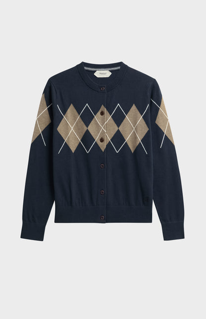 Women's Cashmere And Cotton Crew Neck Argyle Cardigan In Navy, Mushroom & White
