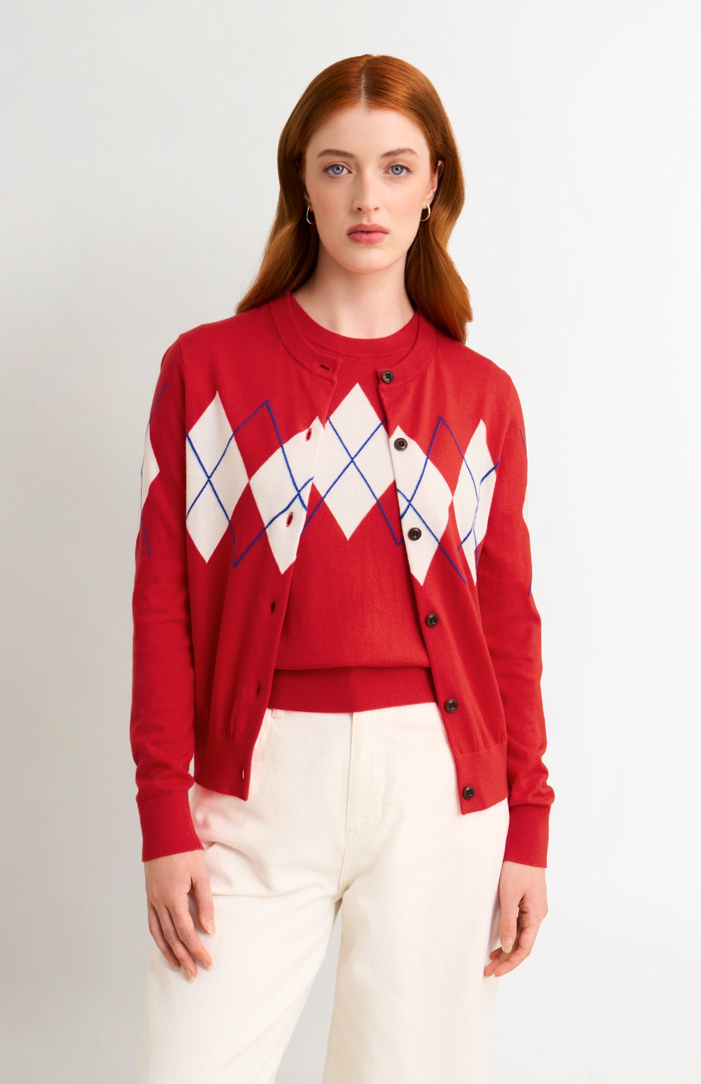 Women's Cashmere And Cotton Crew Neck Argyle Cardigan In Red, White & Blue