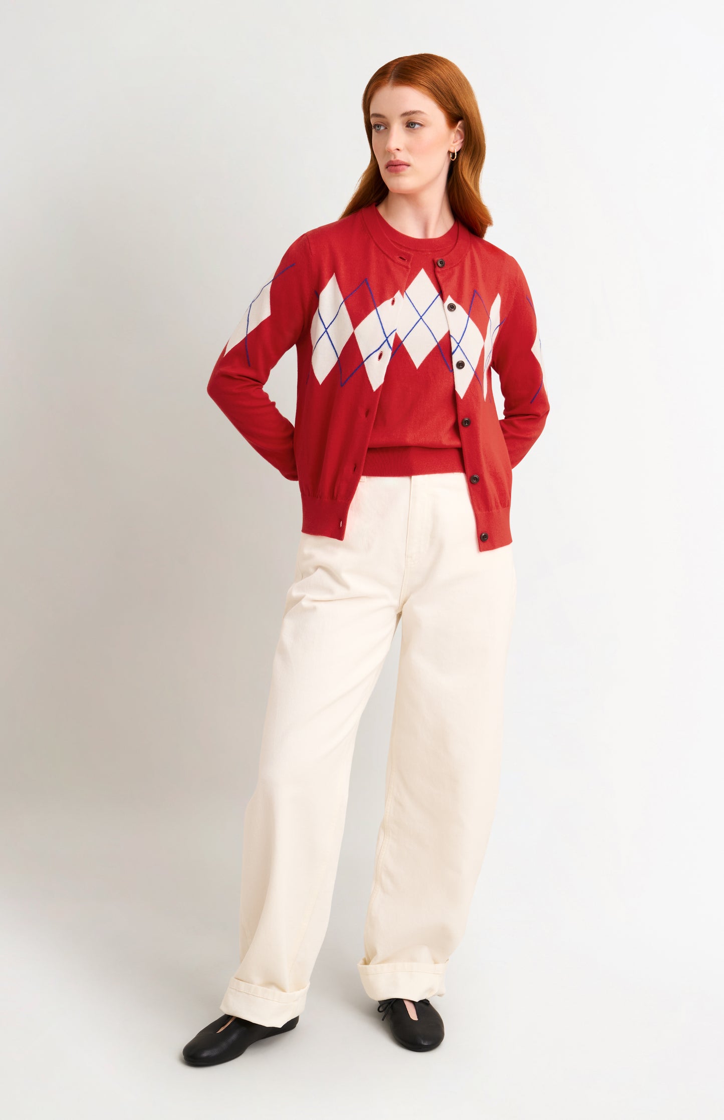 Women's Cashmere And Cotton Crew Neck Argyle Cardigan In Red, White & Blue