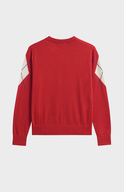 Women's Cashmere And Cotton Crew Neck Argyle Cardigan In Red, White & Blue