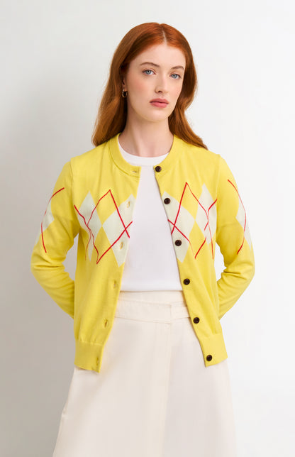 Women's Cashmere And Cotton Crew Neck Argyle Cardigan In Yellow, White & Red