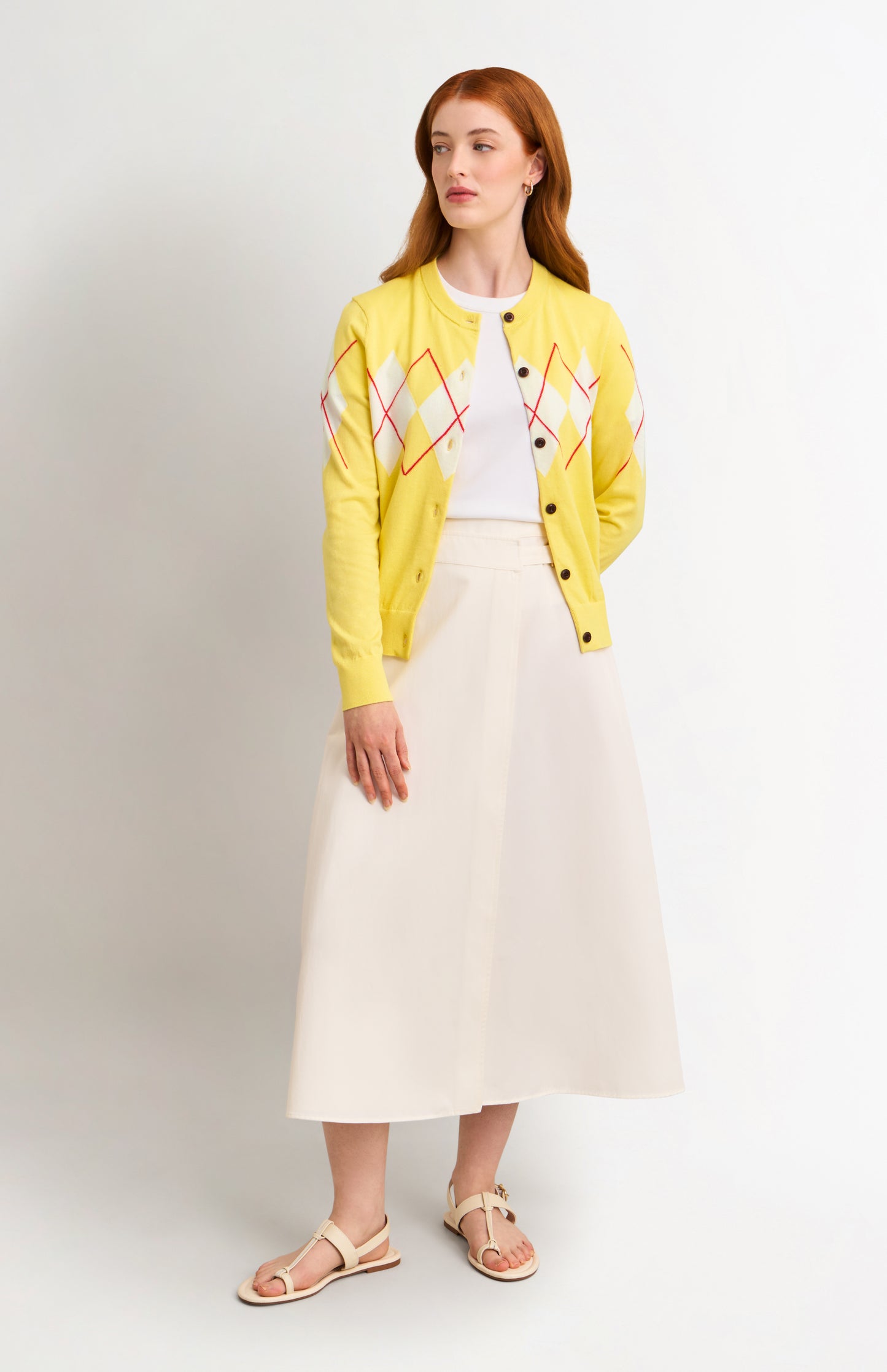 Women's Cashmere And Cotton Crew Neck Argyle Cardigan In Yellow, White & Red