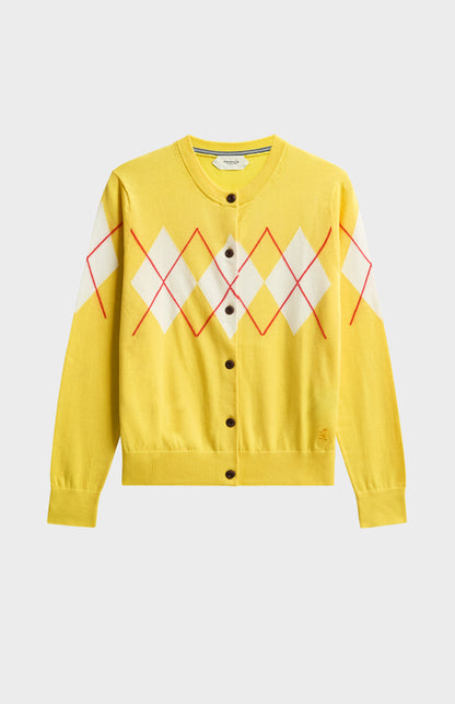 Women's Cashmere And Cotton Crew Neck Argyle Cardigan In Yellow, White & Red