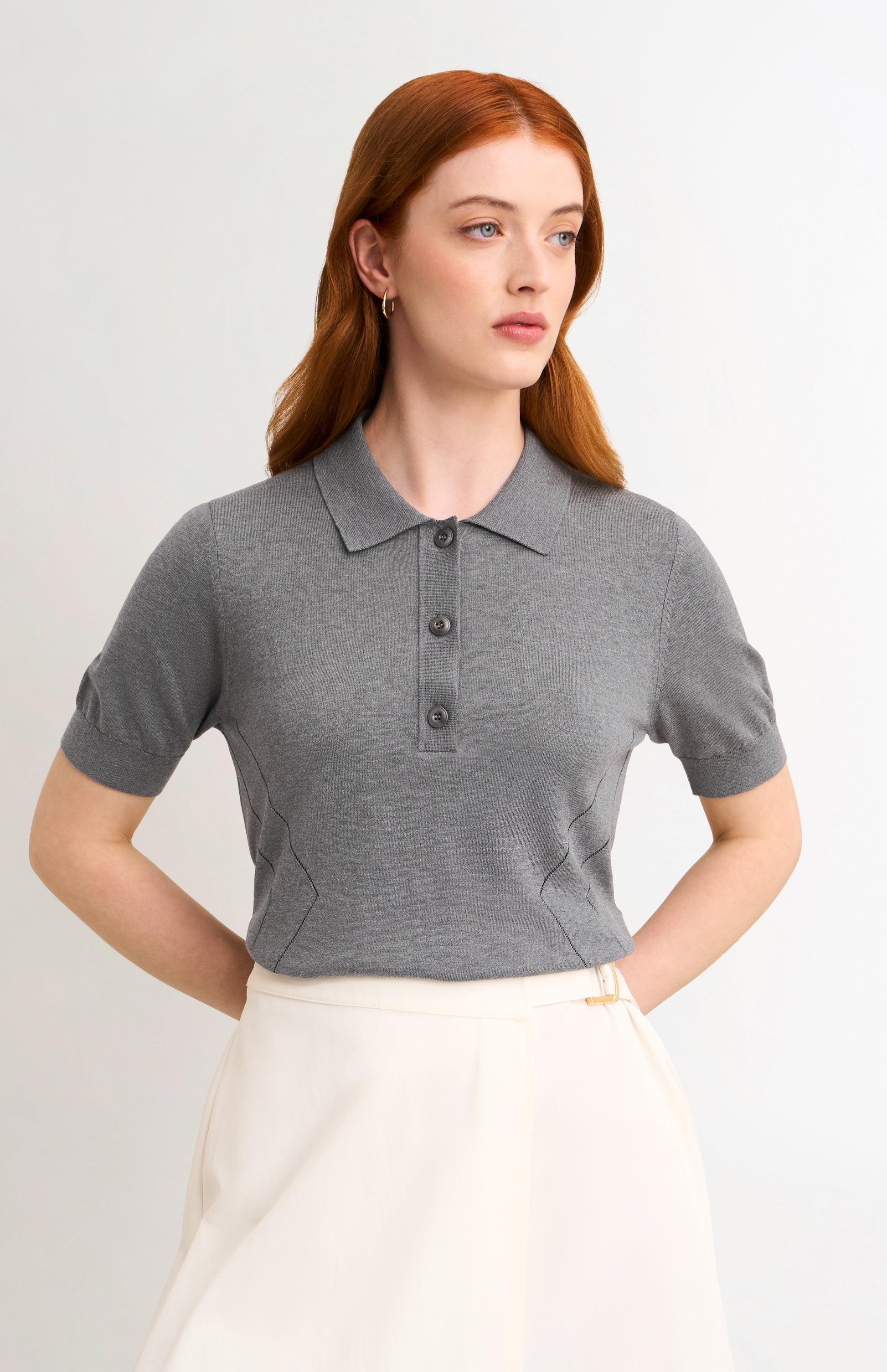 Women's Superfine Silk Blend Pointelle Polo Shirt In Grey Melange