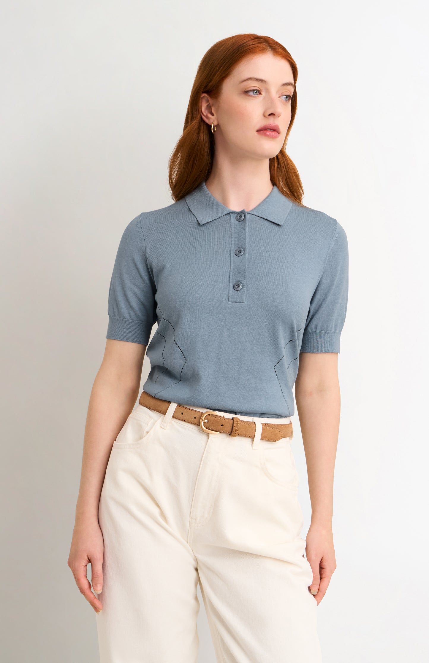 Women's Superfine Silk Blend Pointelle Polo Shirt In Light Blue