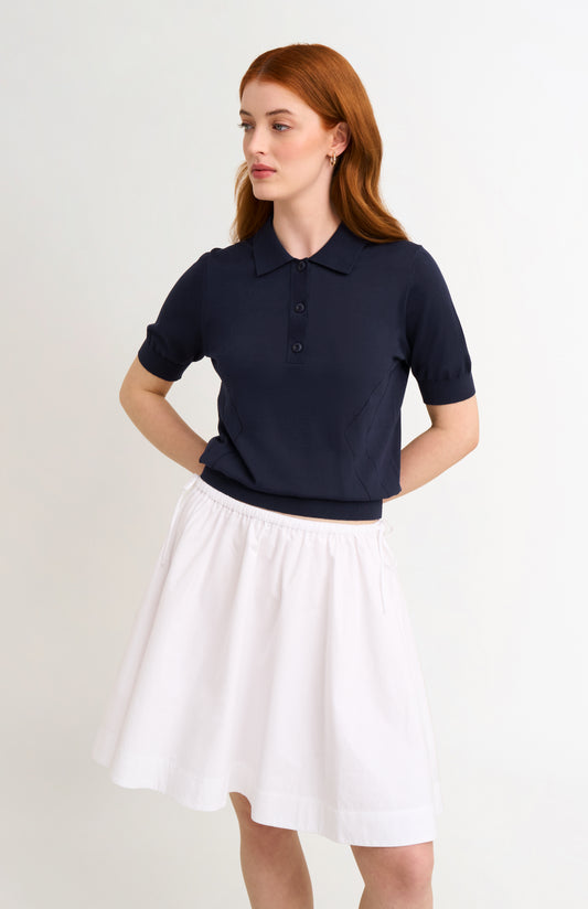 Women's Superfine Silk Blend Pointelle Polo Shirt In Navy Blue