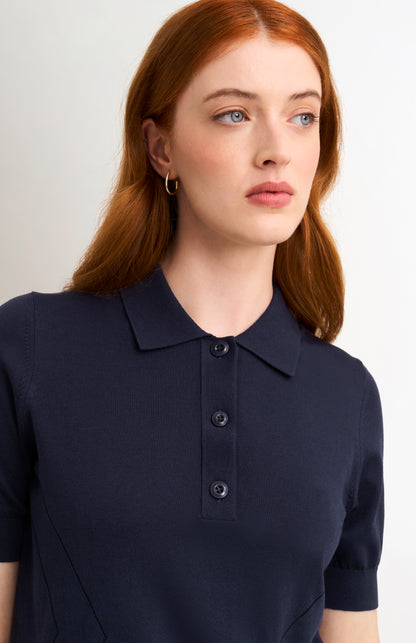 Women's Superfine Silk Blend Pointelle Polo Shirt In Navy Blue