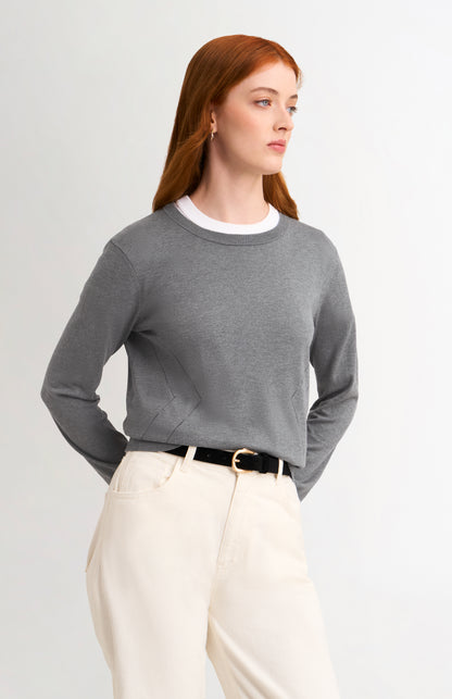 Women's Superfine Silk Blend Pointelle Crew Neck Jumper in Grey Melange