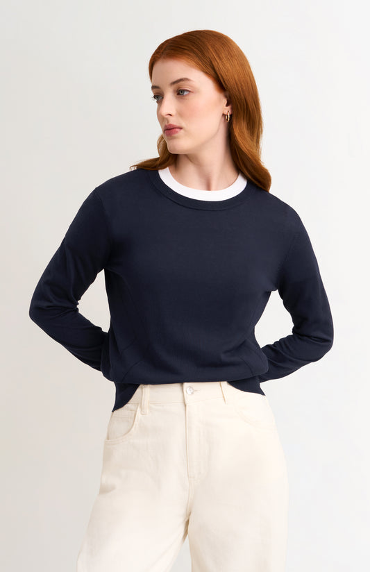 Women's Superfine Silk Blend Pointelle Crew Neck Jumper In Navy Blue