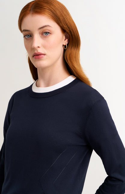 Women's Superfine Silk Blend Pointelle Crew Neck Jumper In Navy Blue