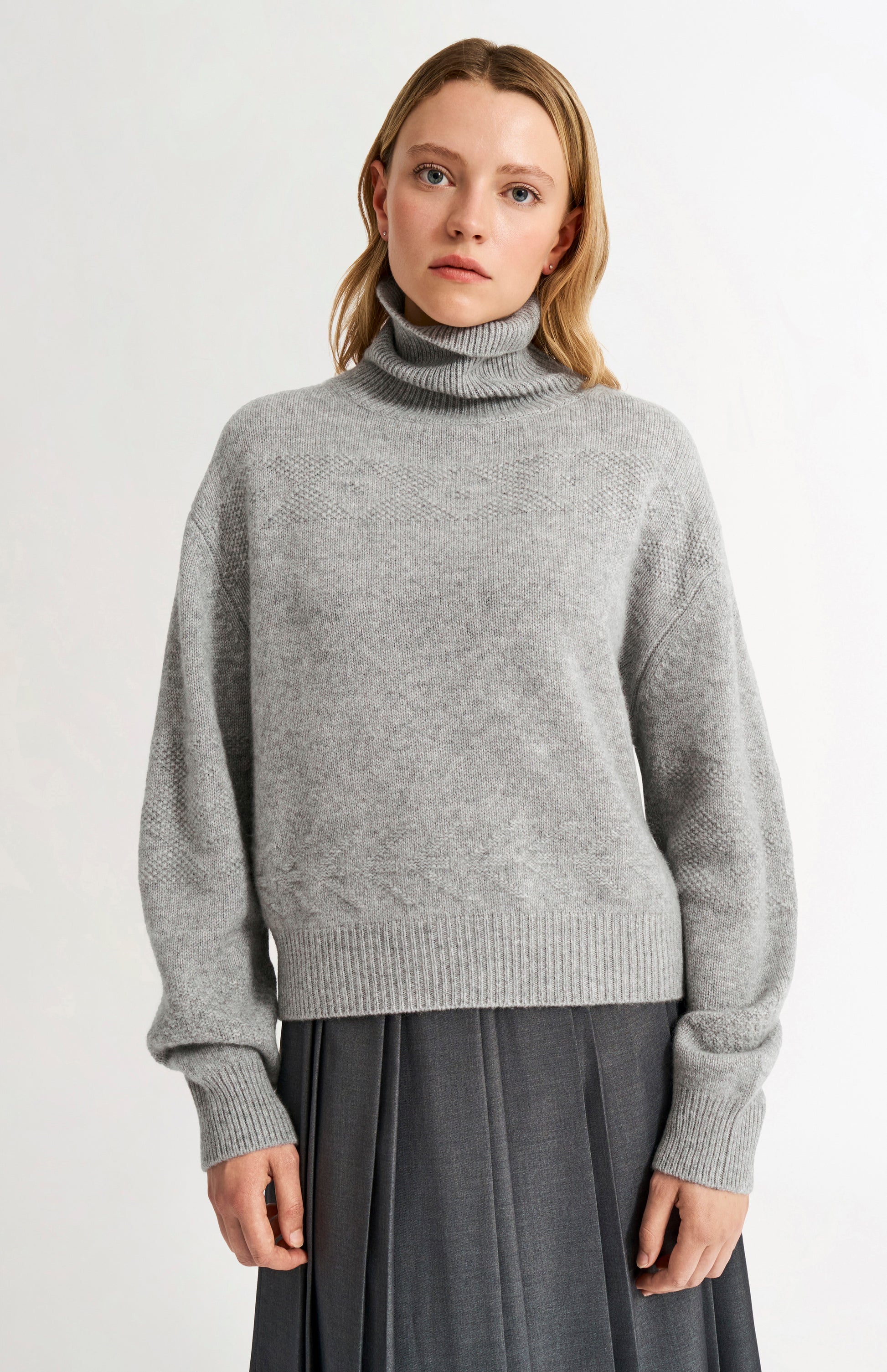 Pringle Women's Roll Neck Cashmere Jumper In Silver Melange on model