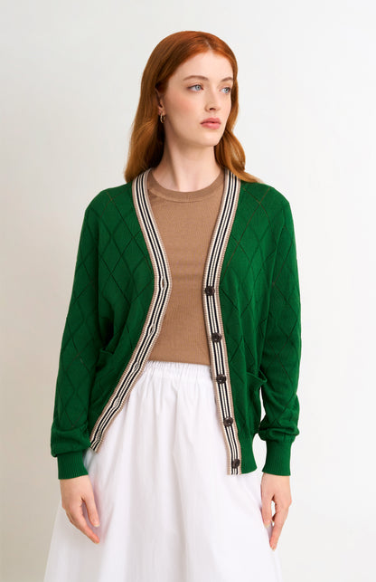 Women's Silk Blend Textured Argyle Cardigan In Green