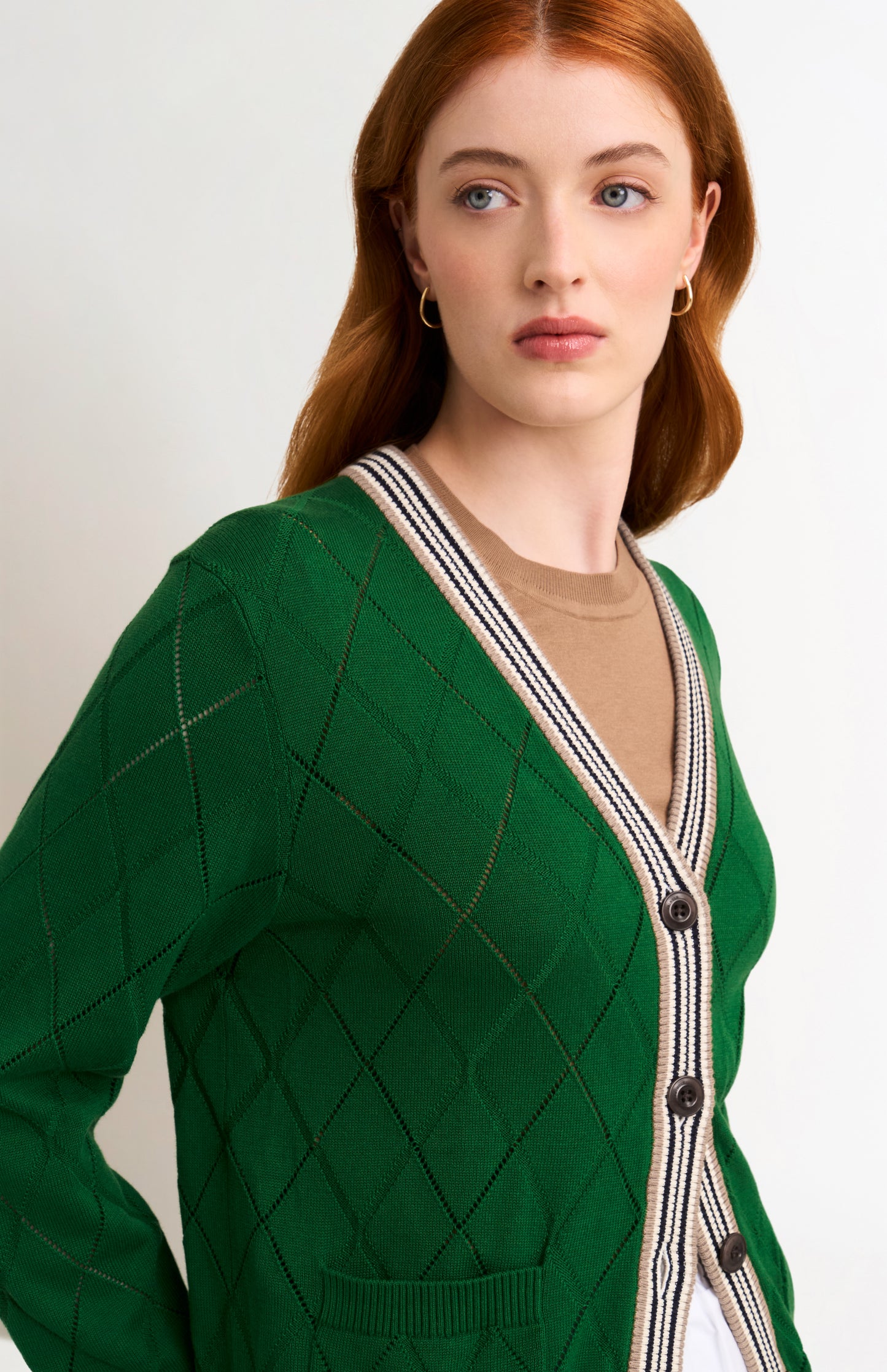 Women's Silk Blend Textured Argyle Cardigan In Green