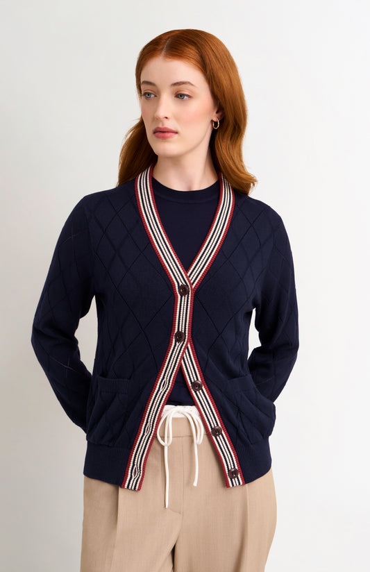 Women's Silk Blend Textured Argyle Cardigan In Navy