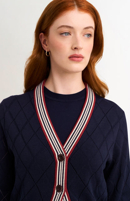 Women's Silk Blend Textured Argyle Cardigan In Navy