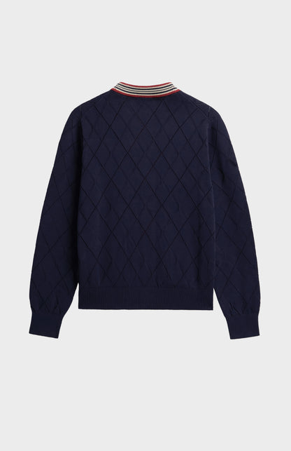 Women's Silk Blend Textured Argyle Cardigan In Navy