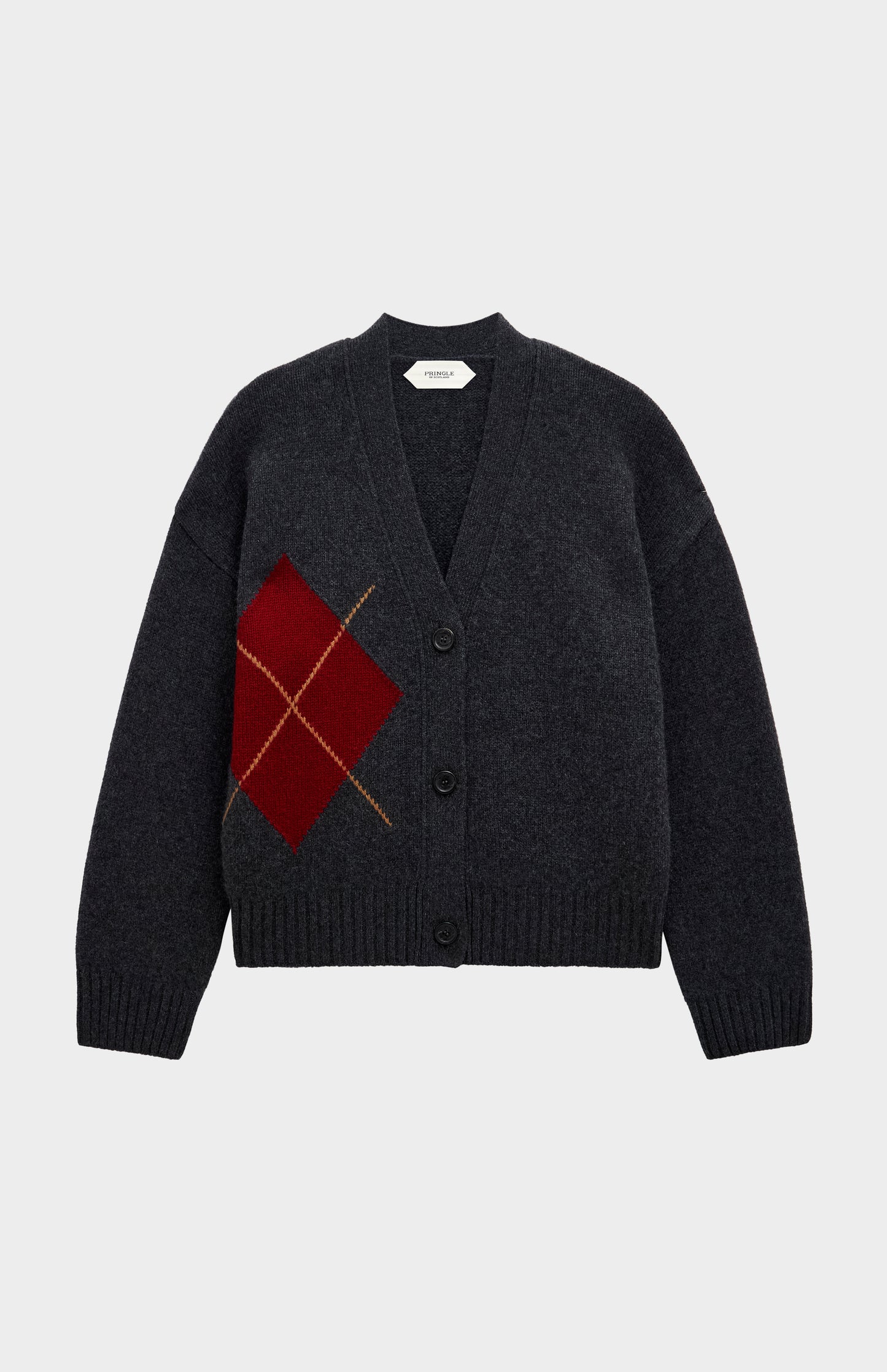 Women's Chunky Argyle Cashmere Cardigan in Charcoal And Red