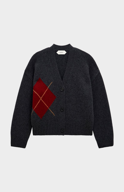 Women's Chunky Argyle Cashmere Cardigan in Charcoal And Red