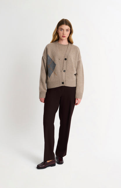 Women's Chunky Argyle Cashmere Cardigan in Mushroom And Grey