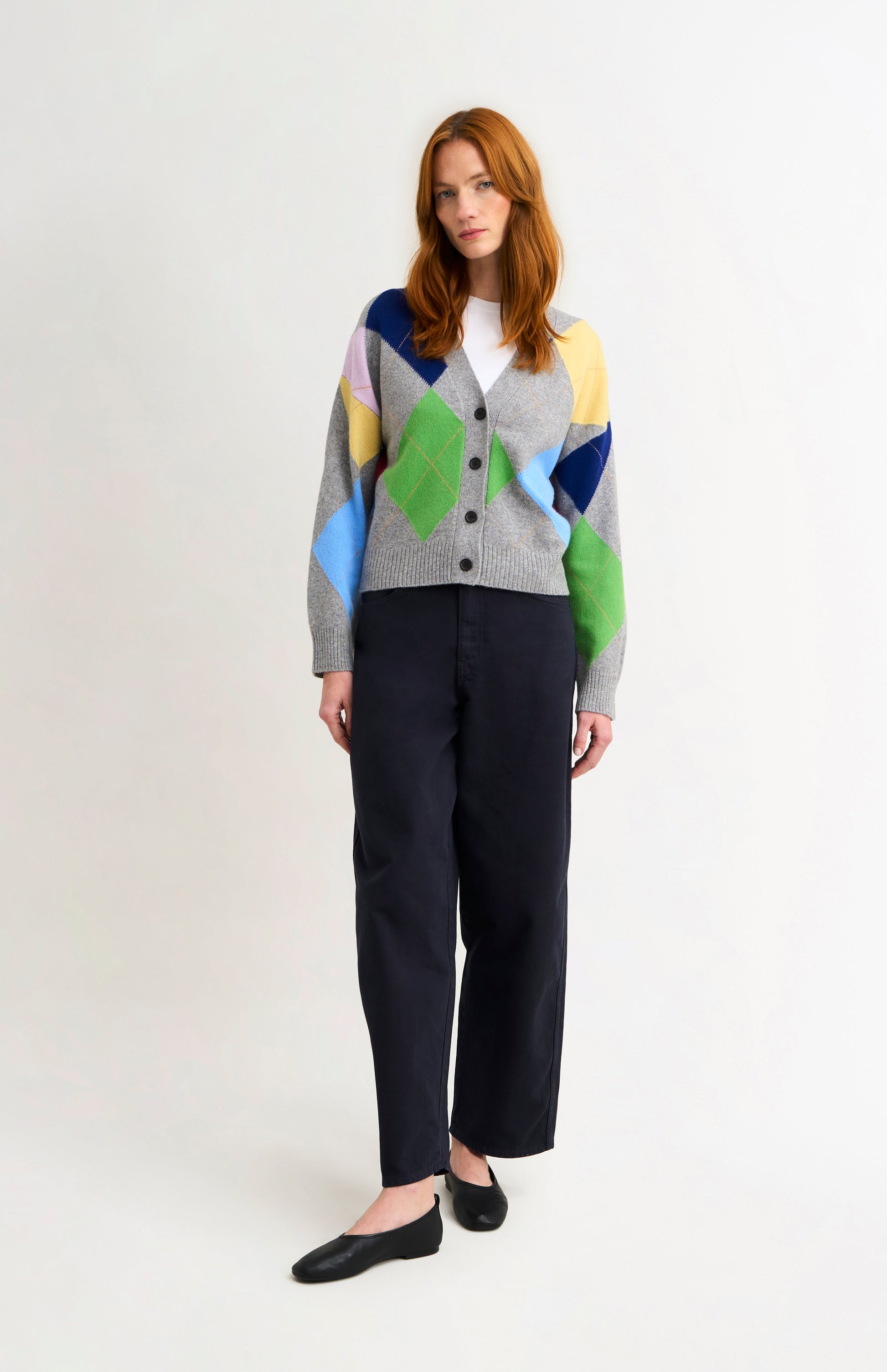 Pringle Women's Supersoft Argyle Cardigan in Grey Melange / Multi on standing model