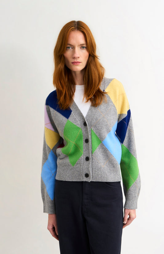 Pringle Women's Supersoft Argyle Cardigan in Grey Melange / Multi on model