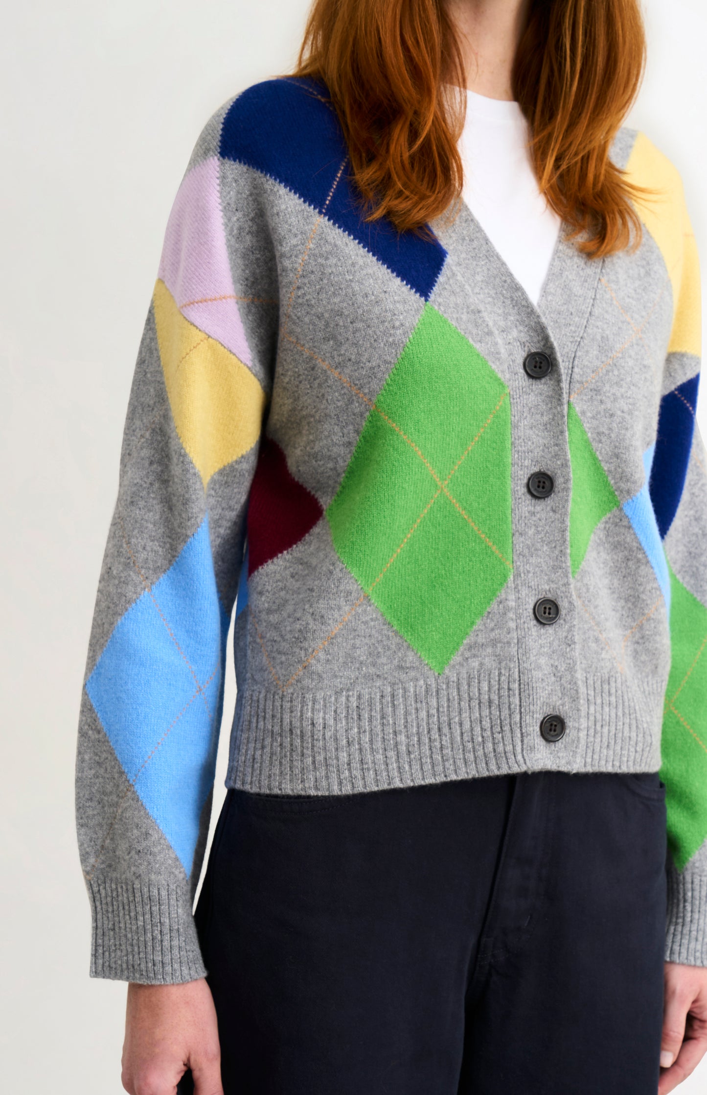 Pringle Women's Supersoft Argyle Cardigan in Grey Melange / Multi showing button detail