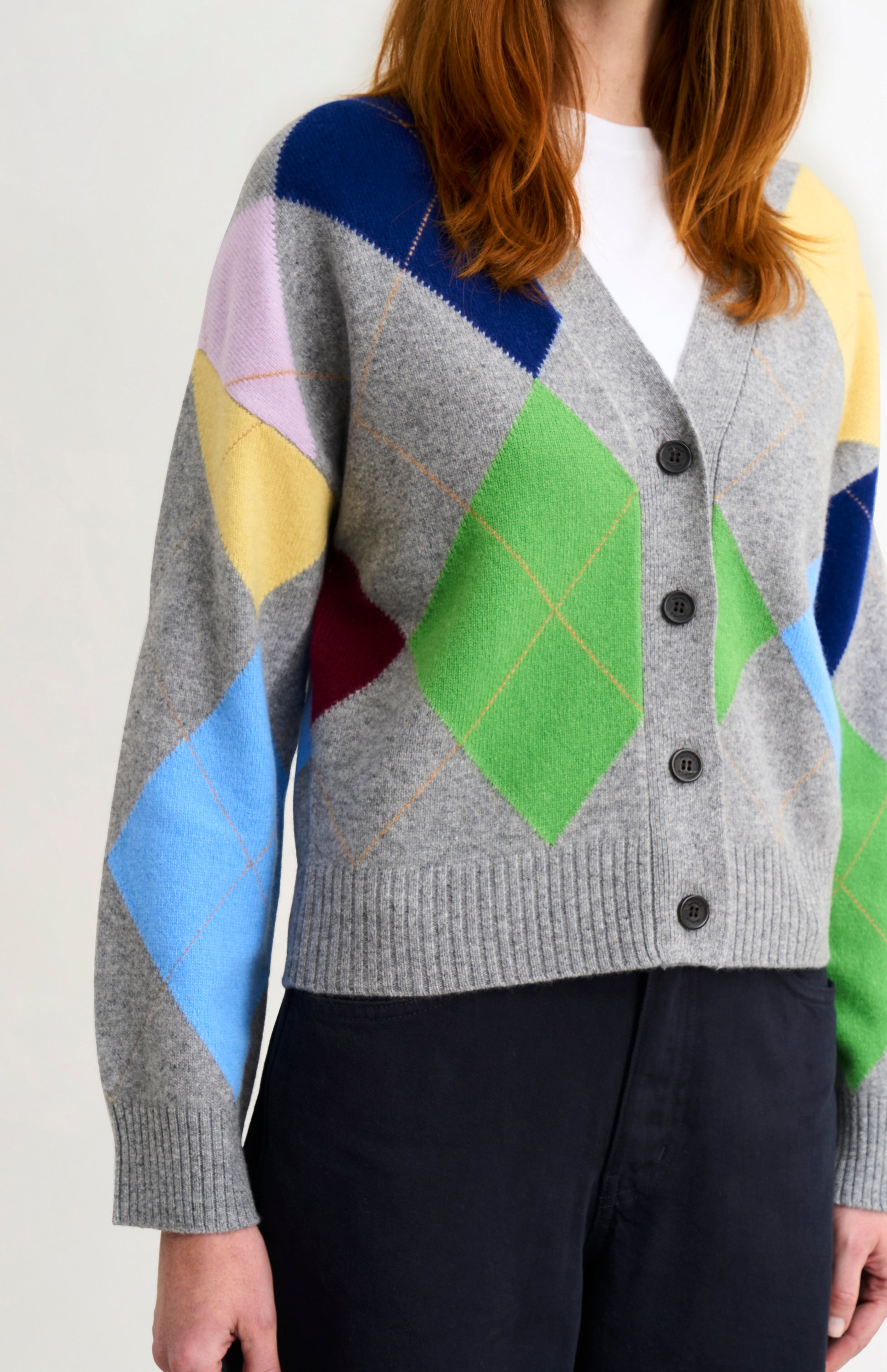 Pringle Women's Supersoft Argyle Cardigan in Grey Melange / Multi showing button detail