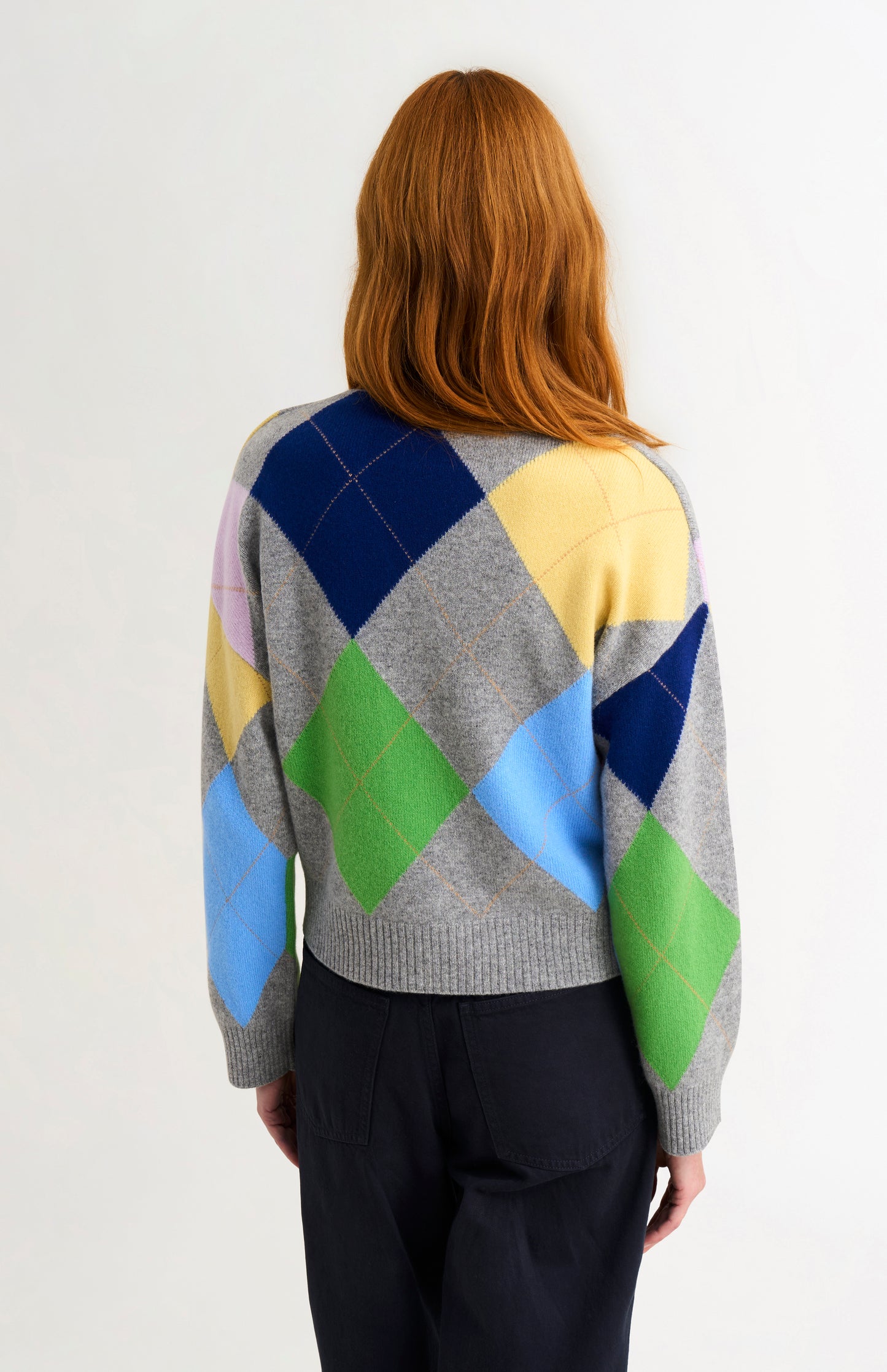 Pringle Women's Supersoft Argyle Cardigan in Grey Melange / Multi rear view