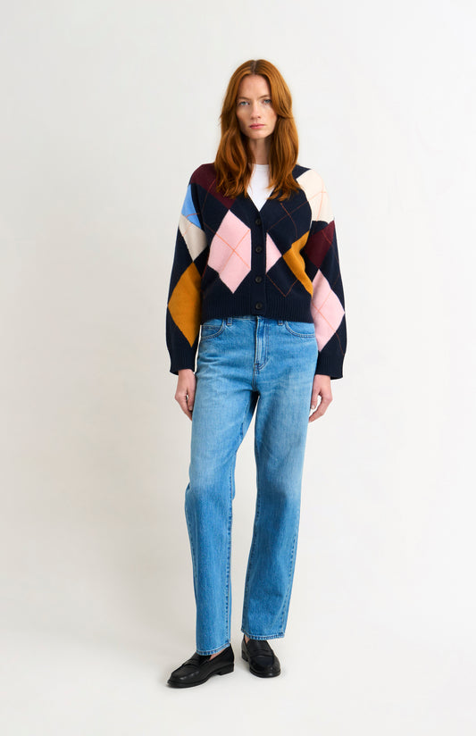 Pringle Women's Supersoft Lambswool Argyle Cardigan in Navy / Multi on standing model