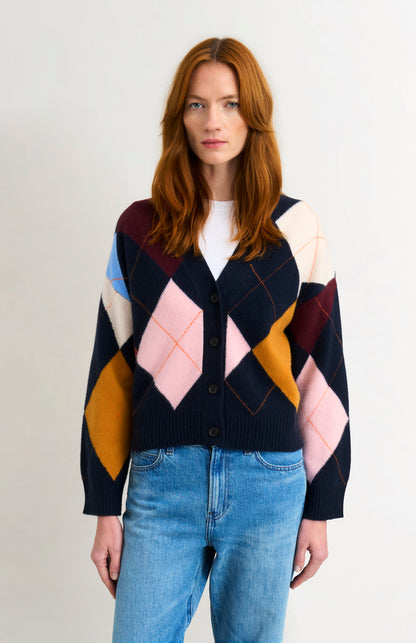 Pringle Women's Supersoft Lambswool Argyle Cardigan in Navy / Multi on model