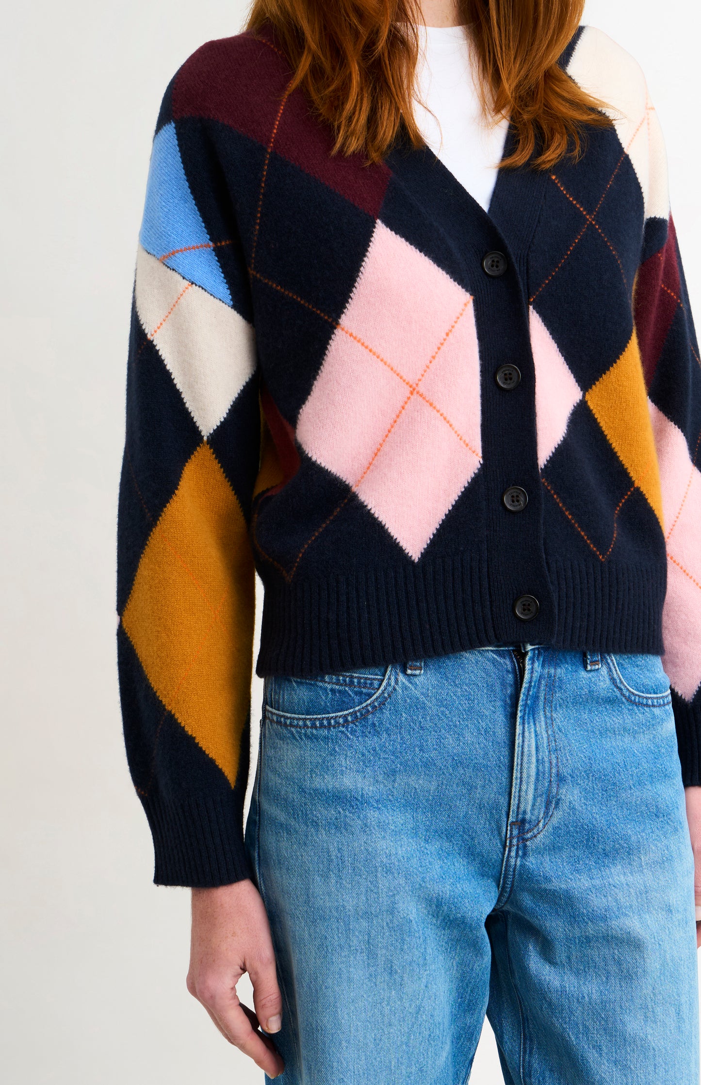 Pringle Women's Supersoft Lambswool Argyle Cardigan in Navy / Multi showing button detail