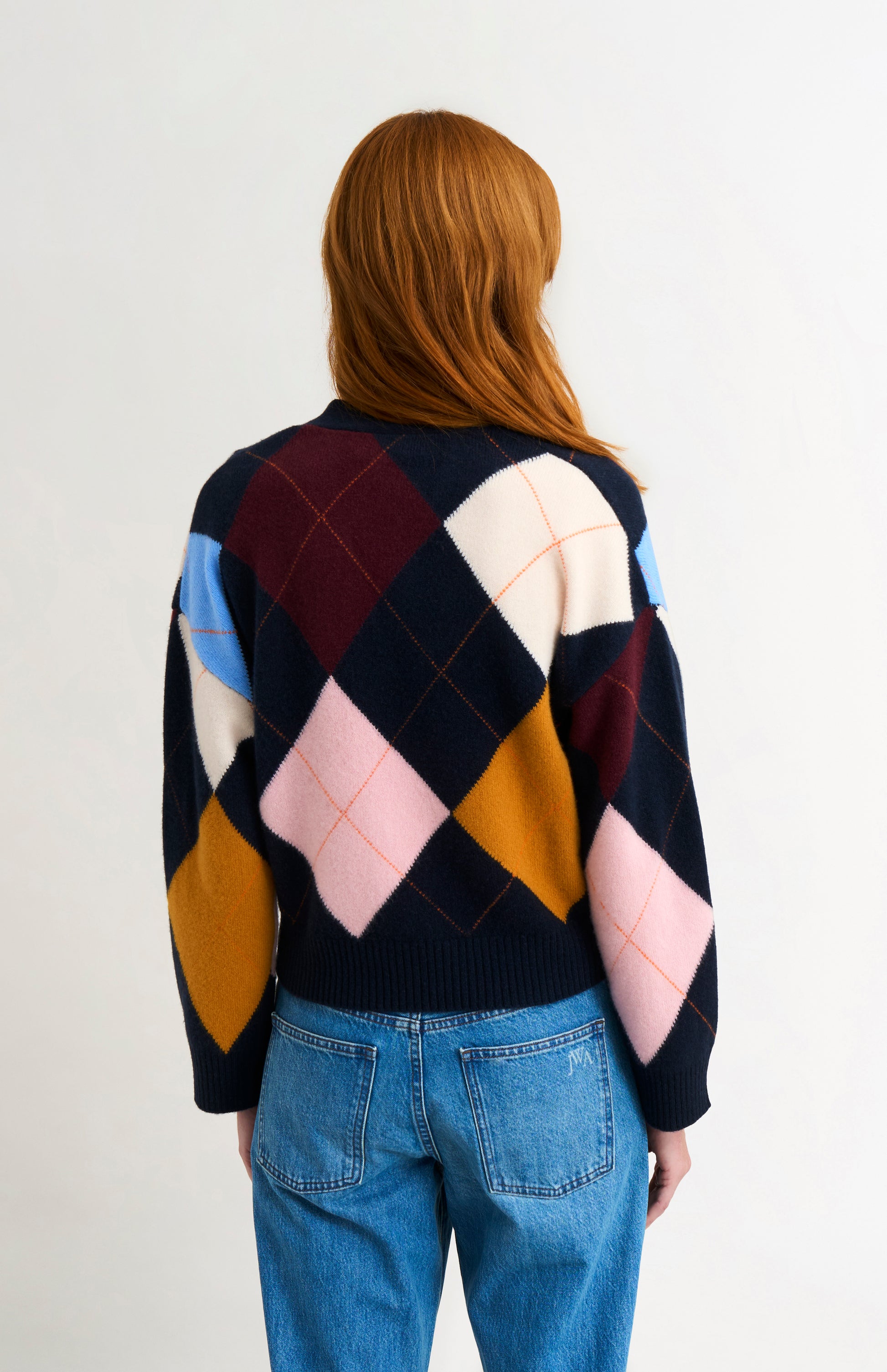 Pringle Women's Supersoft Lambswool Argyle Cardigan in Navy / Multi back view